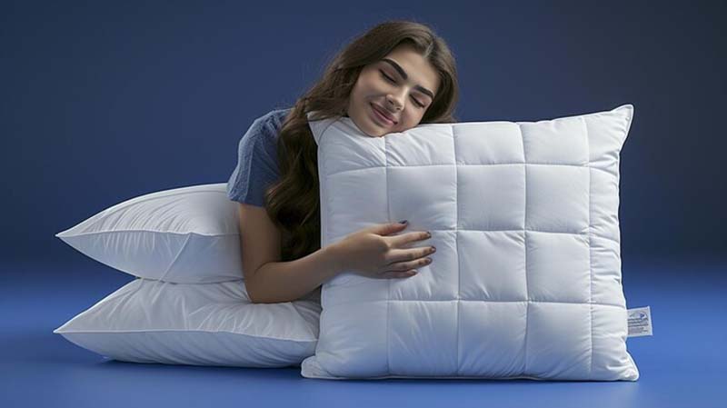 A woman reclines on a pillow, surrounded by three additional pillows, creating a cozy and relaxed atmosphere