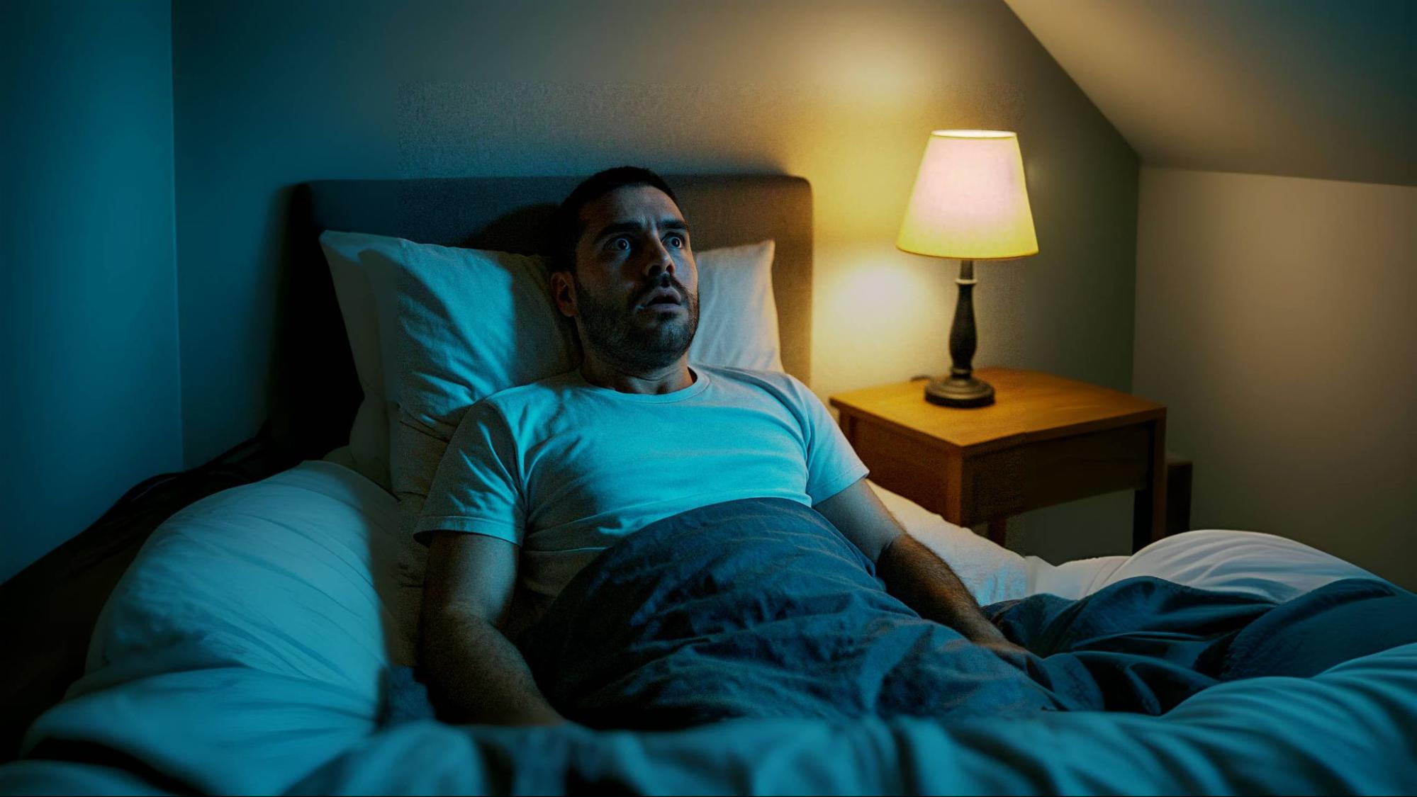 A man unable to sleep is awake with his eyes wide open.