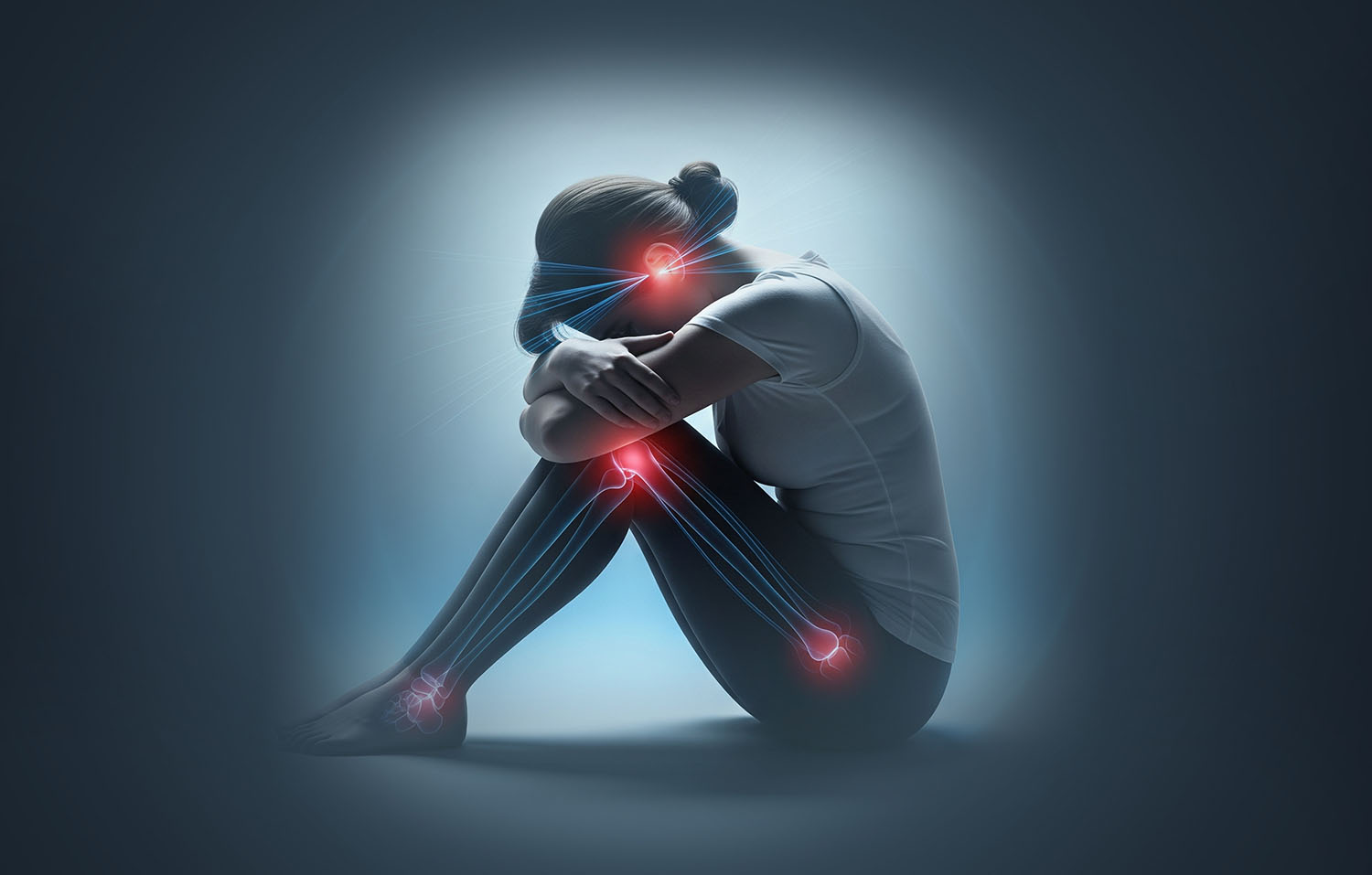 A graphic representation of a woman, emphasizing on common points of pain and pressure