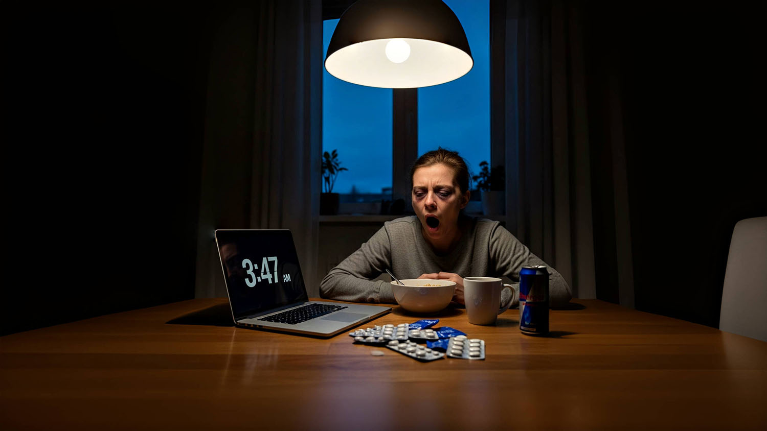 A woman with a disturbed sleep cycle, with medicines and a laptop showing late timing, on the table