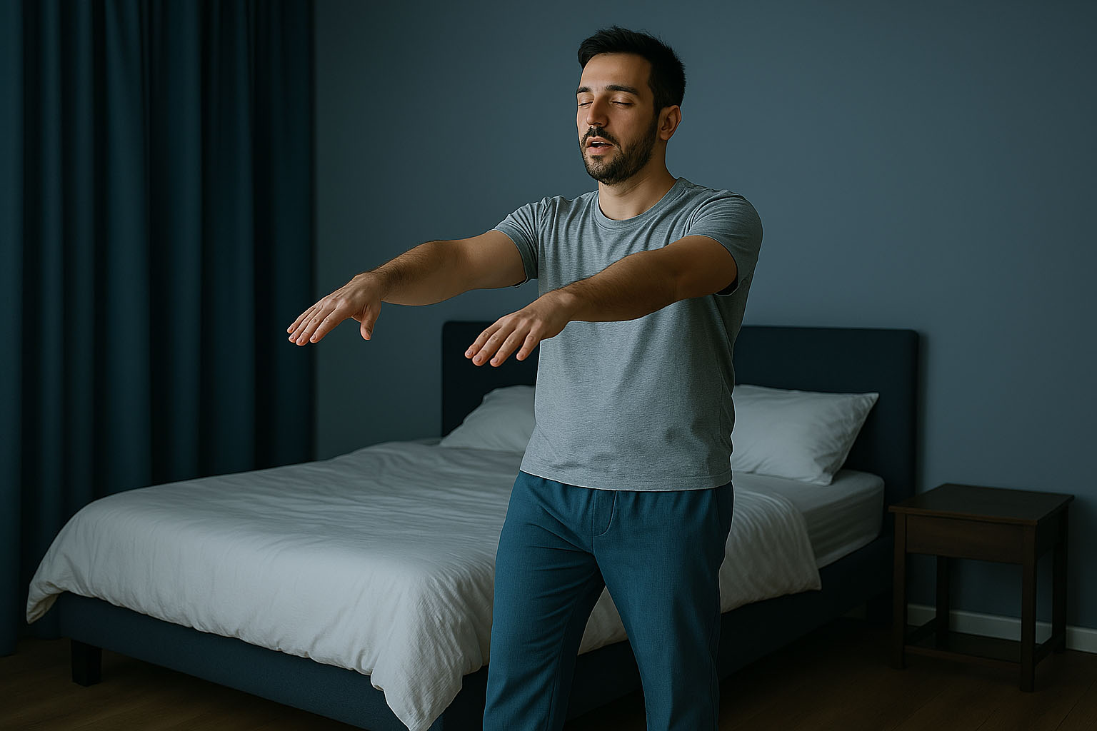 A man walking in his sleep state with hands in the air, suffering from sleepwalking disorder