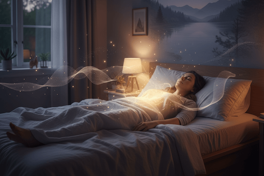 A woman asleep in bed, with a gentle glow of light creating a serene atmosphere