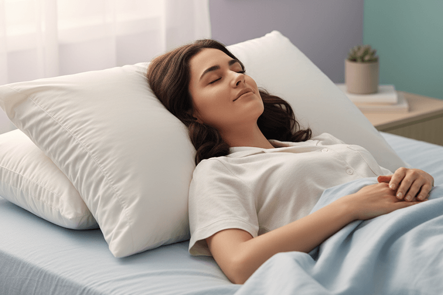 A woman sleeping in peace on her back with a pillow elevating her head