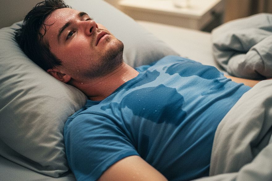 A man unable to sleep due to immense sweating.