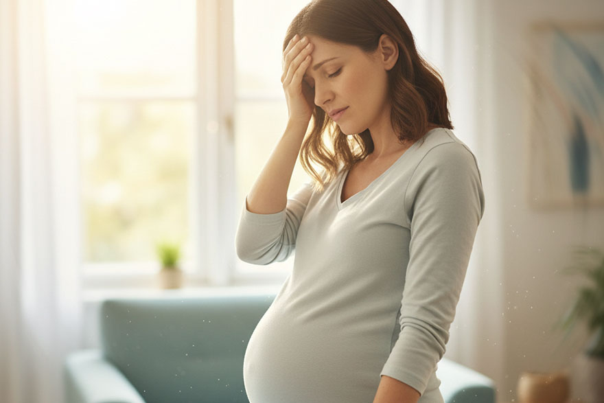 A pregnant woman feels dizzy and distressed
