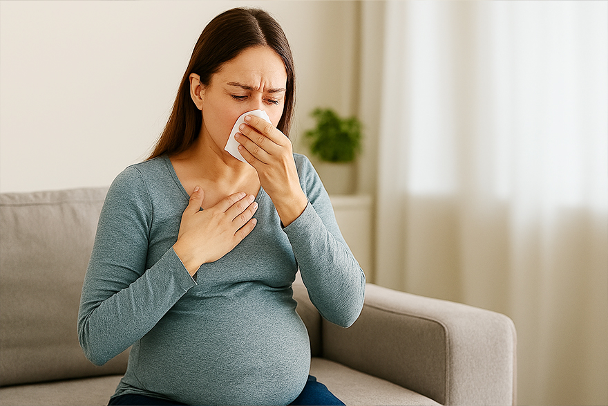 A pregnant woman suffering from allergies and sneezing into a napkin