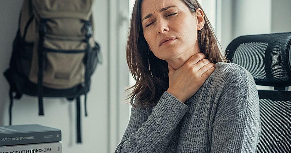 A woman distressed in pain around her neck and shoulder muscles.