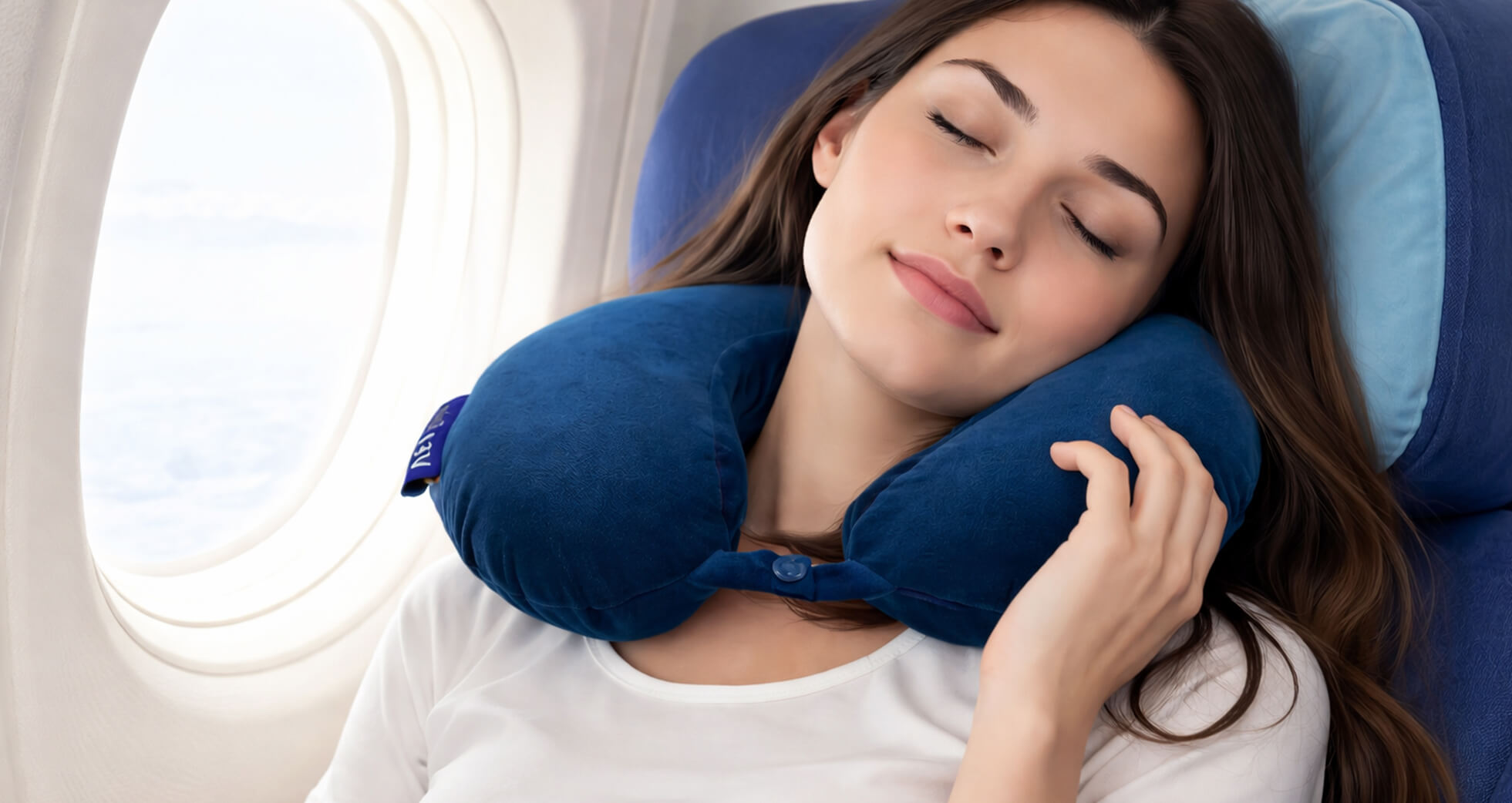 A woman using a travel neck pillow