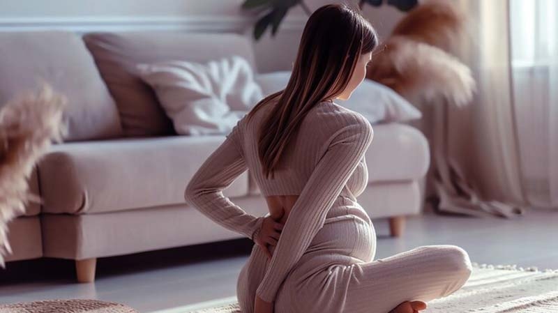 A pregnant woman sitting on a mat suffering from hip pain