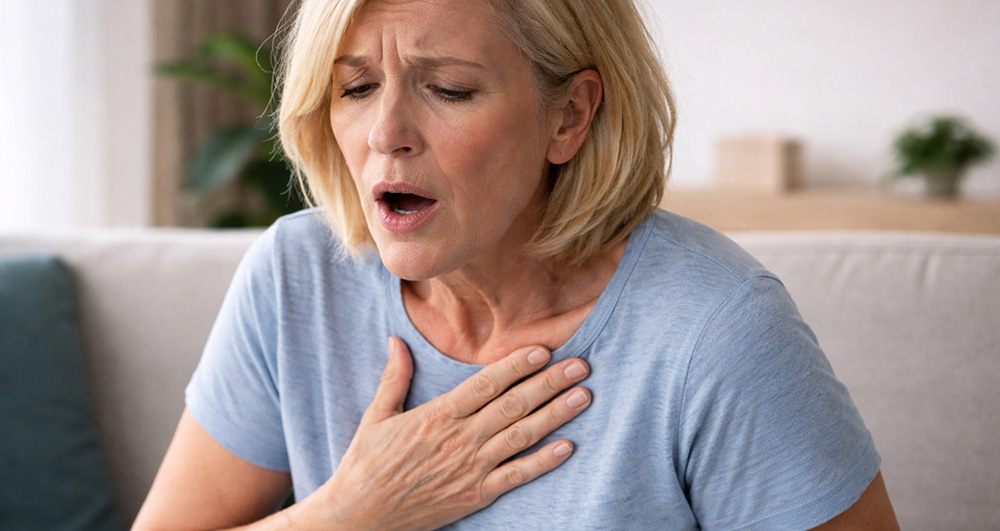 A woman visibly short of breath