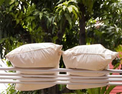 Two pillows placed on a stand out in the open to air dry after washing