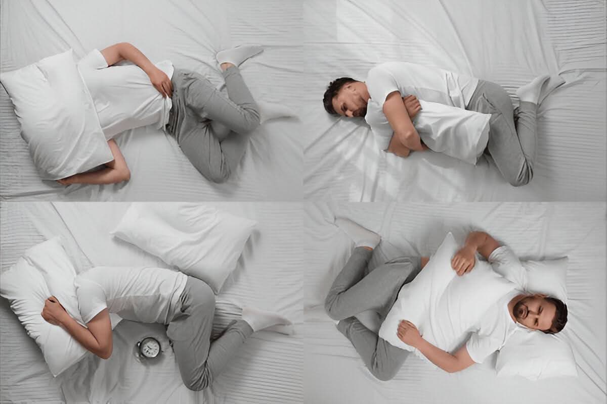 A man in uncomfortable sleeping positions and struggling to sleep