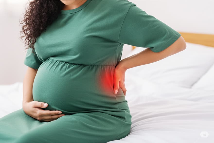 A pregnant woman sitting with her hand on her back, emphasizing the sciatica pain she is suffering