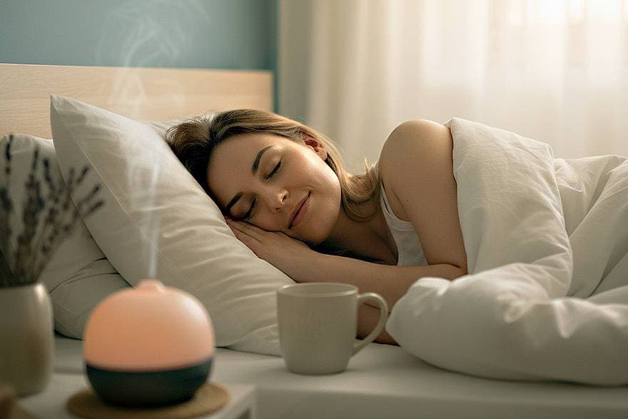A woman peacefully sleeping in a cozy bed, surrounded by soft pillows and blankets.
