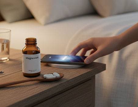 A hand grabbing a phone placed on a table beside a bottle of magnesium tablets and a glass of water.