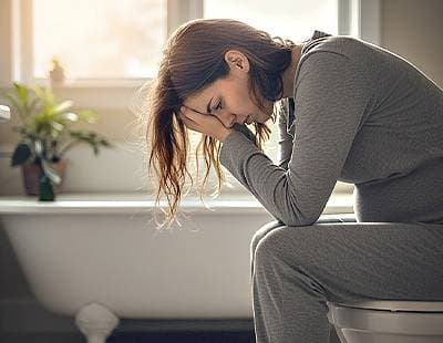 A pregnant woman, sitting in a space of her bathroom, looks visibly tired and distressed due to morning sickness.