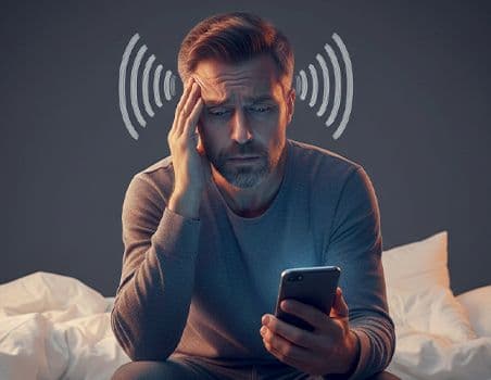 A man focused on his phone, causing him a severe headache.