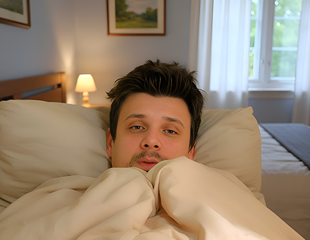 A man waking up in the morning tired and shaking