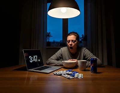 A woman with a disturbed sleep cycle, with medicines and a laptop showing late timing, on the table