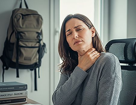 A woman distressed in pain around her neck and shoulder muscles.