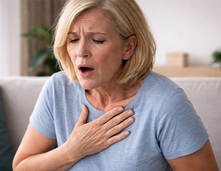 A woman visibly short of breath