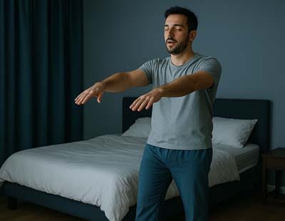 A man walking in his sleep state with hands in the air, suffering from sleepwalking disorder