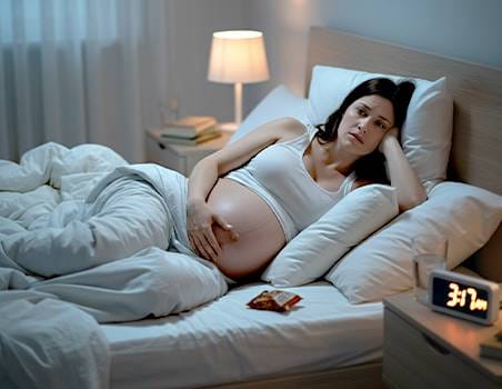 A pregnant woman lying on a bed, unable to sleep.