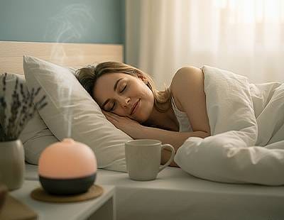 A woman peacefully sleeping in a cozy bed, surrounded by soft pillows and blankets.