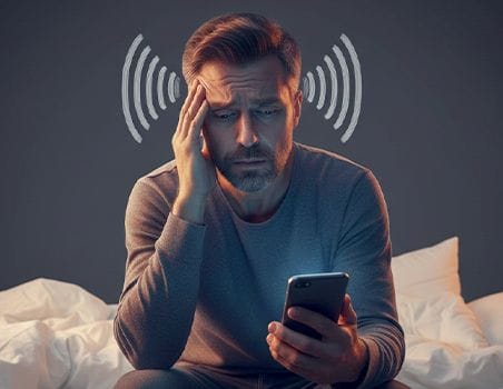 A man focused on his phone, causing him a severe headache.