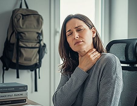A woman distressed in pain around her neck and shoulder muscles.