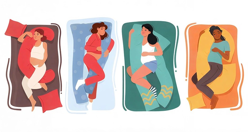 Different women sleeping with different shapes of pregnancy pillows