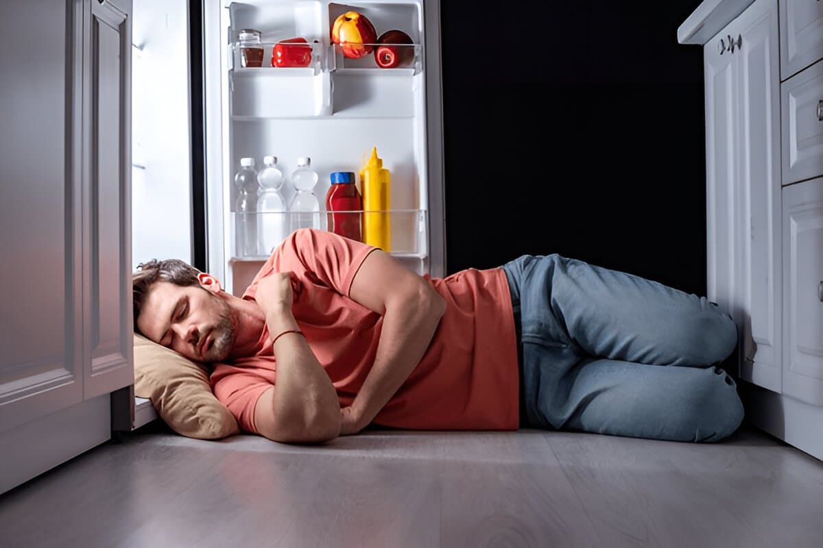 A man sleeping on the floor in the kitchen near an open refrigerator