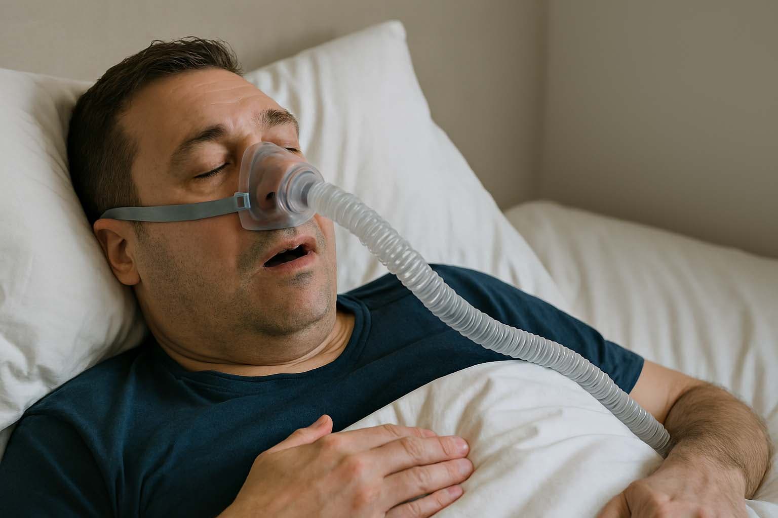 A man going through CPAP therapy to treat sleep apnea