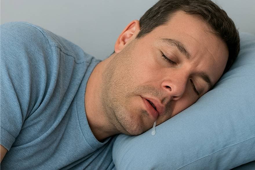 A man sleeping with his mouth slightly open simultaneously drooling.