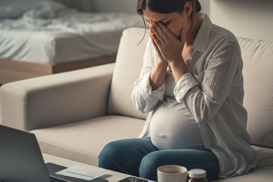 A pregnant woman sitting, visibly stressed