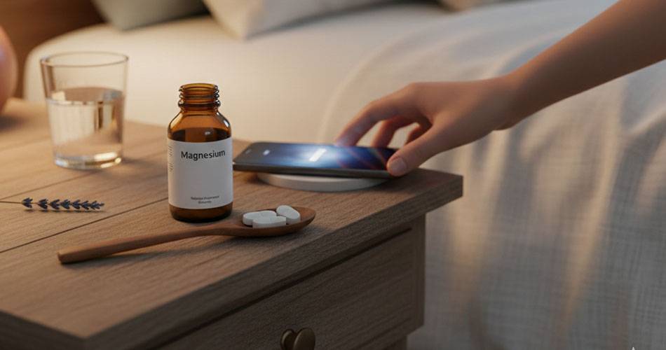 A hand grabbing a phone placed on a table beside a bottle of magnesium tablets and a glass of water.