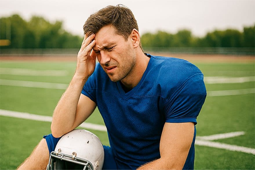 A man on the field sitting down due to a concussion.
