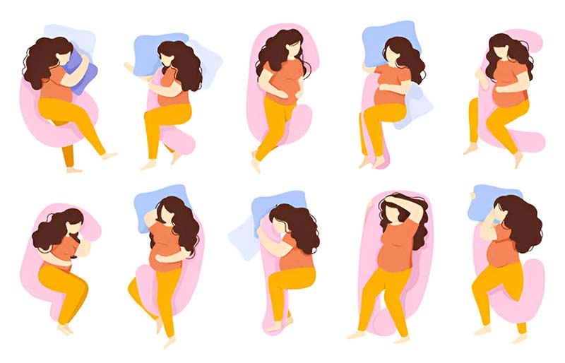 Women sleeping in different positions with various shapes and sizes of pregnancy pillows