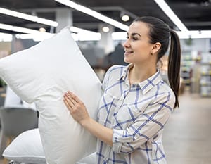 A woman holding a white pillow checking its quality and loft.