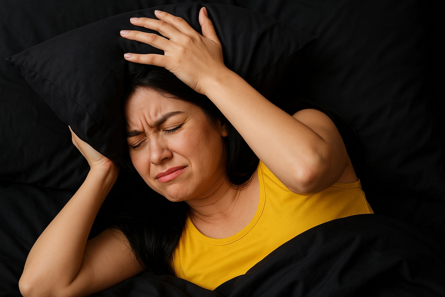 A woman in distress experiencing restlessness while trying to sleep