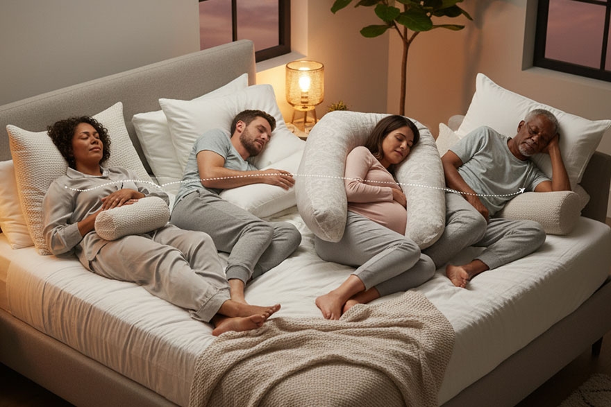 Men and women sleeping, emphasizing on different sleeping positions