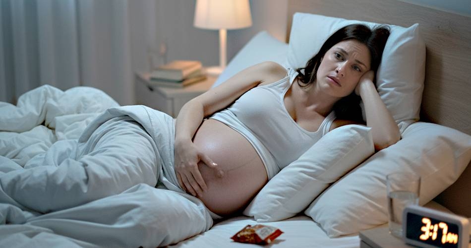A pregnant woman lying on a bed, unable to sleep.
