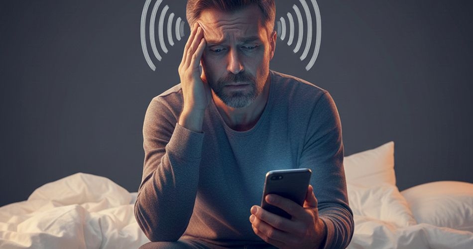 A man focused on his phone, causing him a severe headache.