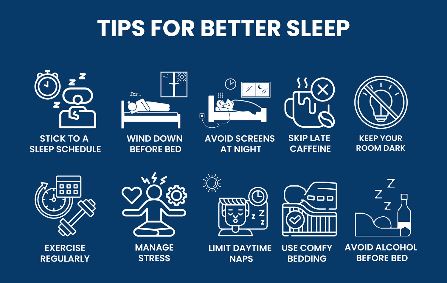 Tips for achieving a good night’s sleep, illustrated