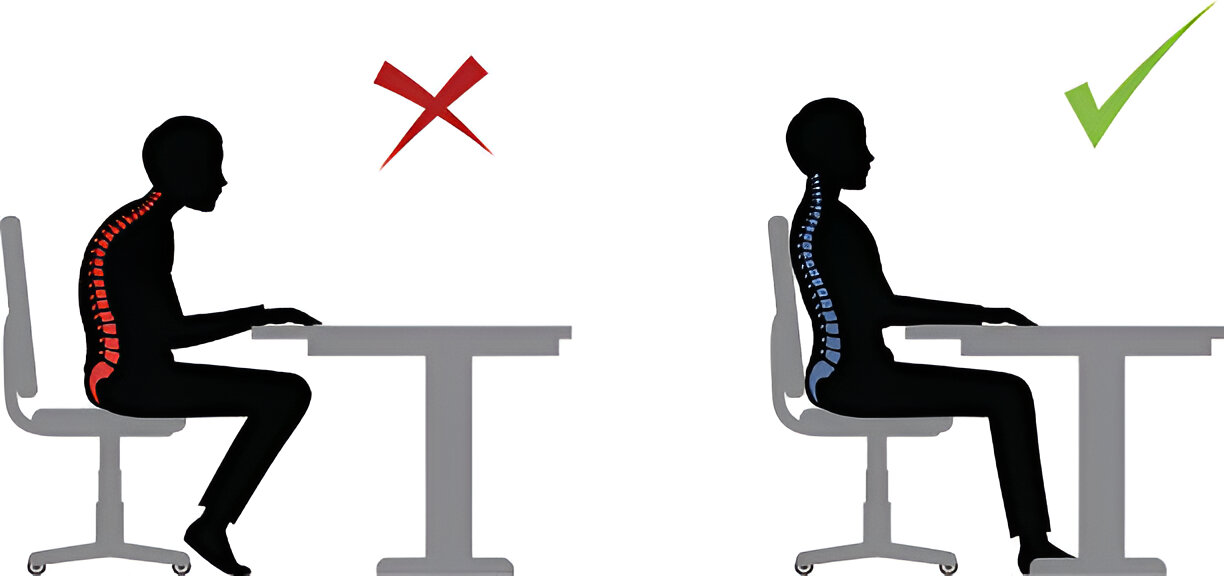 A graphic art representing correct and incorrect back posture while sitting on a chair