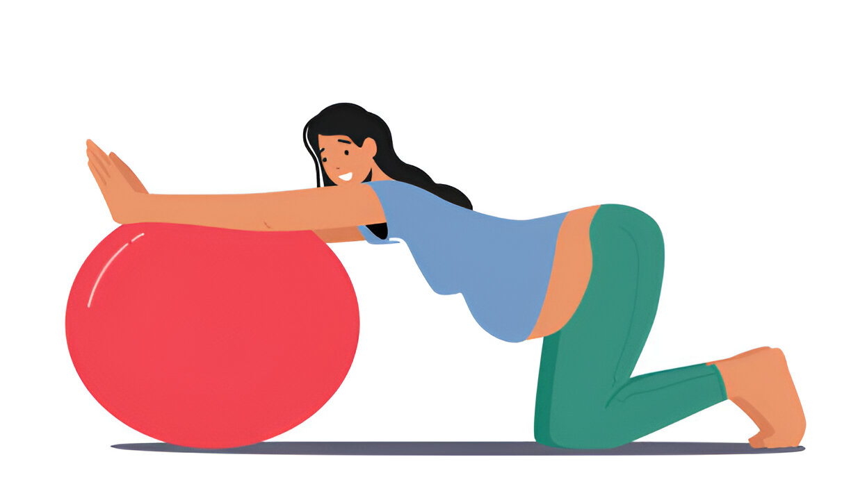 A pregnant woman doing yoga with a stability ball, highlighting the importance of exercise in relieving pregnancy back pain