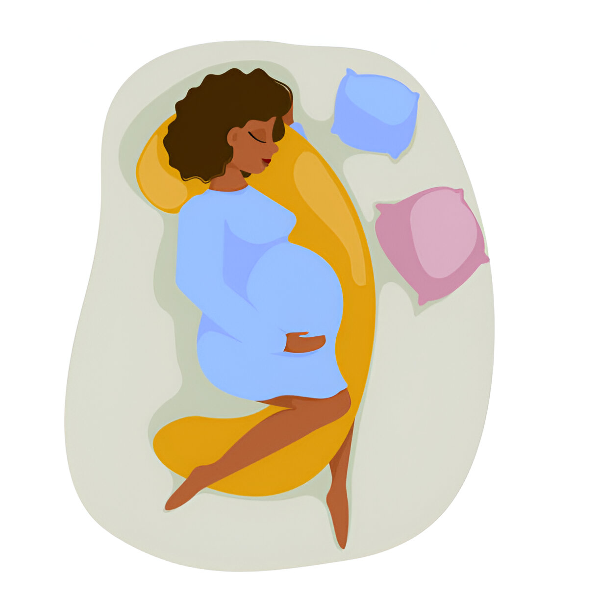 A pregnant woman sleeping on her side with a full-body pregnancy pillow