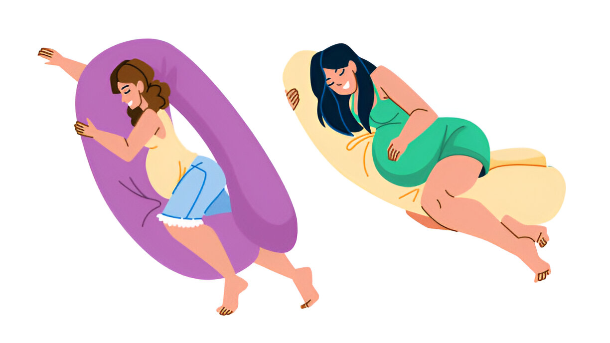 Two women sleeping with a U-shaped and a full-body pregnancy pillow, respectively