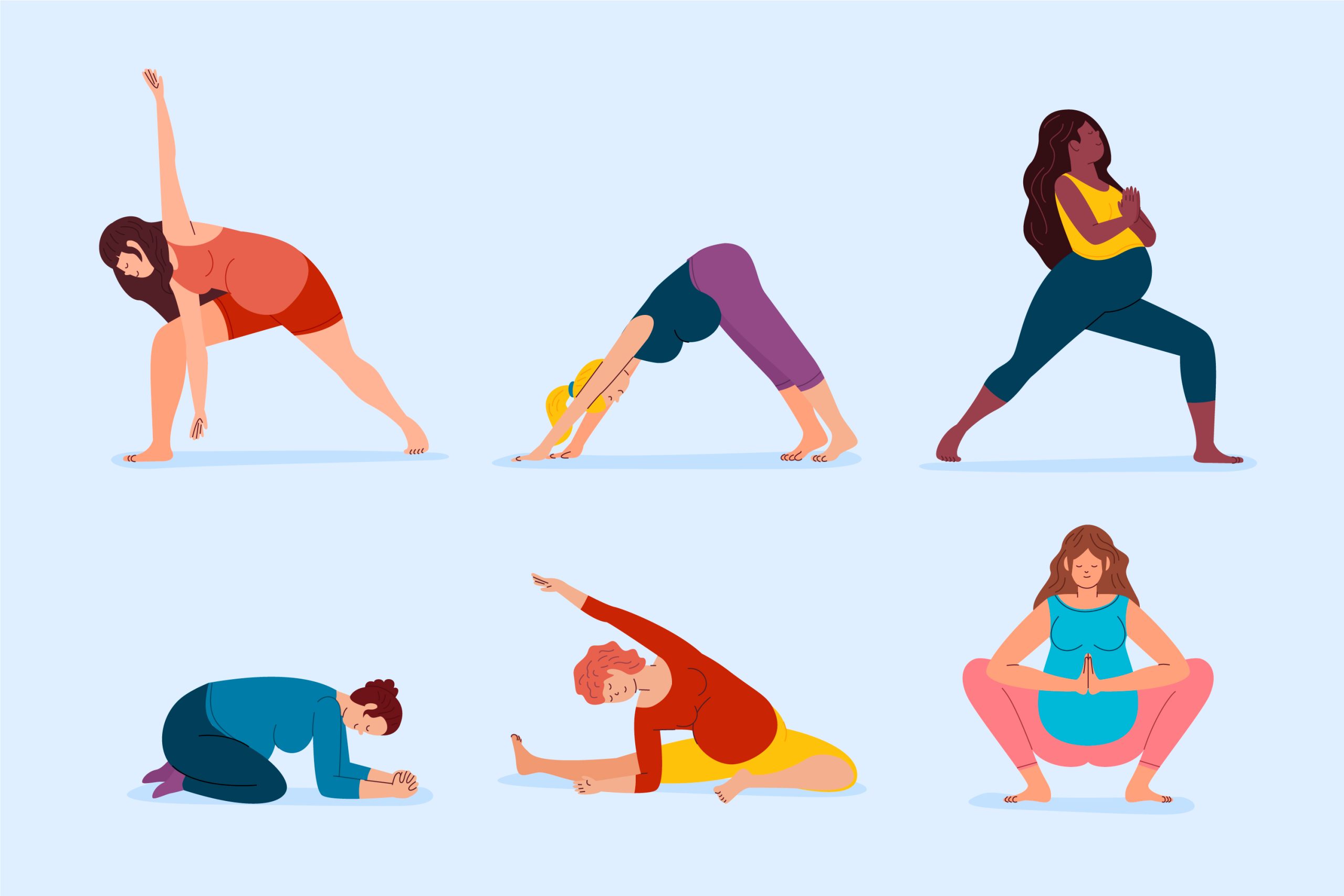 Various pregnancy exercises and yoga poses