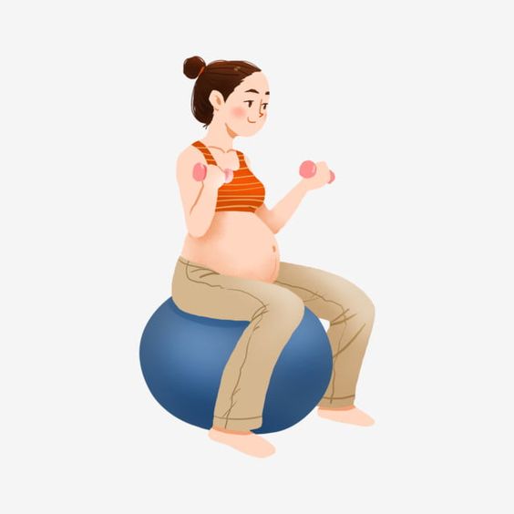 A pregnant woman doing bicep curls sitting on a stability ball